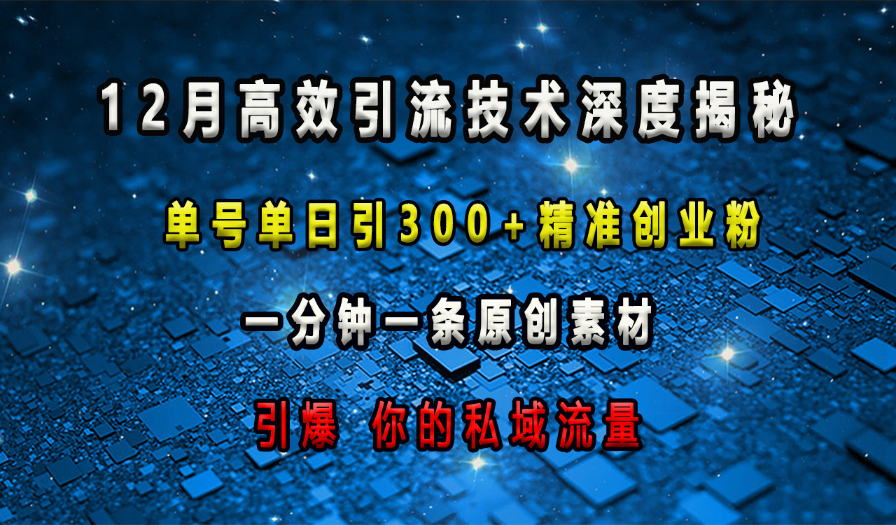 12月高效引流技术深度揭秘 ，单号单日引300+精准创业粉，一分钟一条原创素材，引爆你的私域流量-青创网